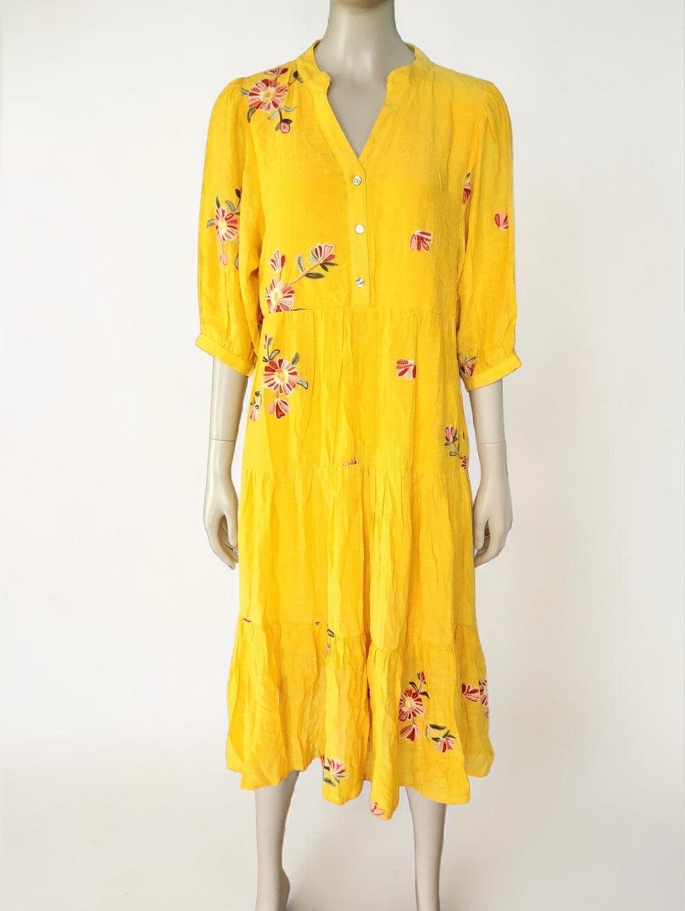 Figueroa Flower S Embroidered Tiered Ruffle Dress Yellow Short Sleeve Midi Boho